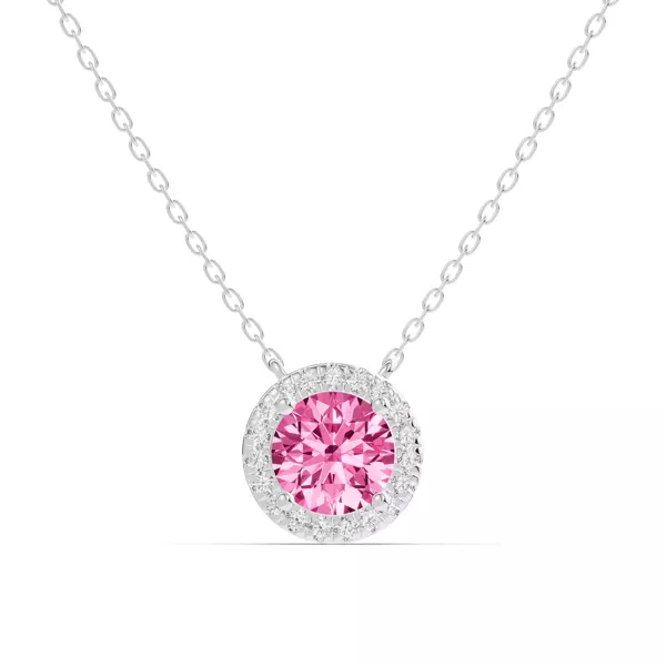 Round Pink Tourmaline Lab Diamond Halo Pendant