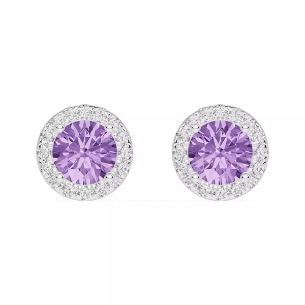 Round Amethyst Lab Diamond Halo Earrings