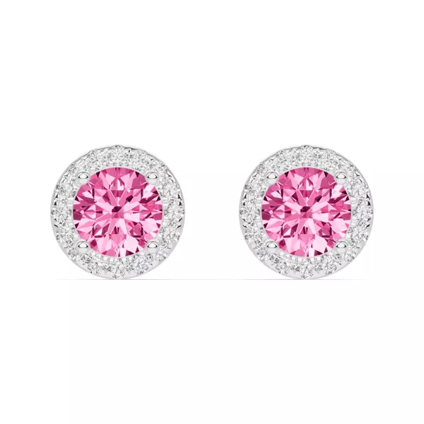 Round Pink Tourmaline Lab Diamond Halo Earrings