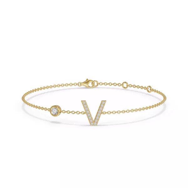 Bezel Diamond Gold Initial Bracelet - V