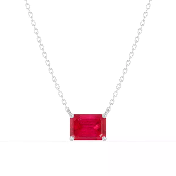 Emerald-Cut Ruby East-West Solitaire Silver Necklace