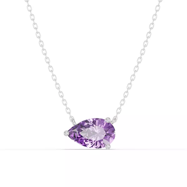Pear-Shaped Amethyst East-West Solitaire Silver Necklace