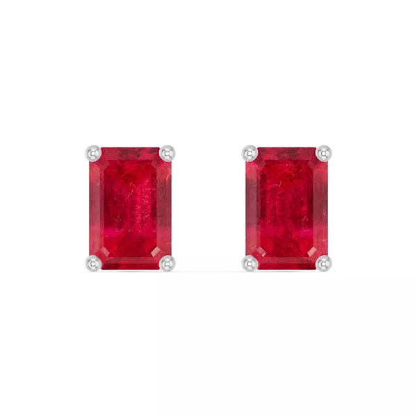 Emerald-Cut Ruby Silver Stud Earrings