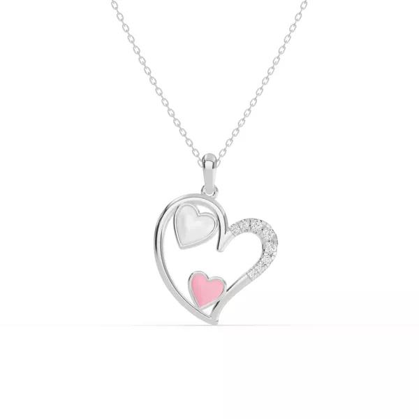 Duet Pavé Heart Necklace – White & Pink