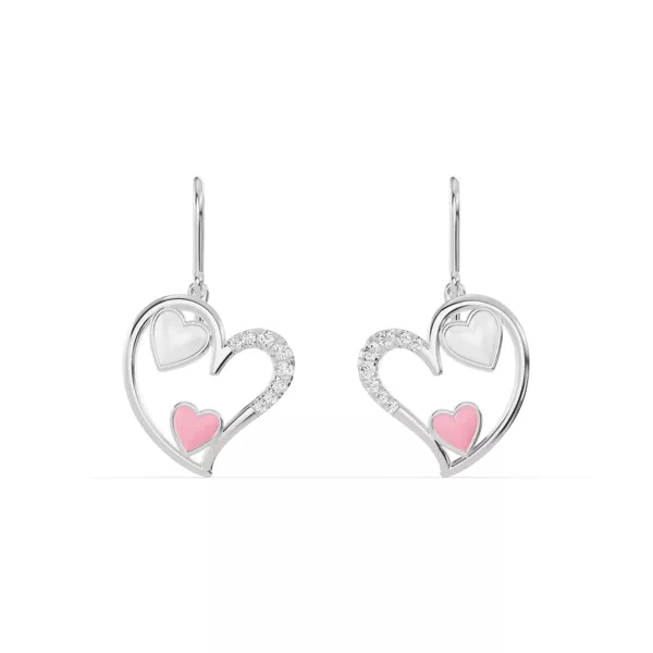 Duet Pavé Heart Silver Earrings – White & Pink