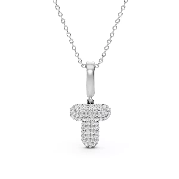 Bubble Pavé Diamond Initial Silver Necklace - T
