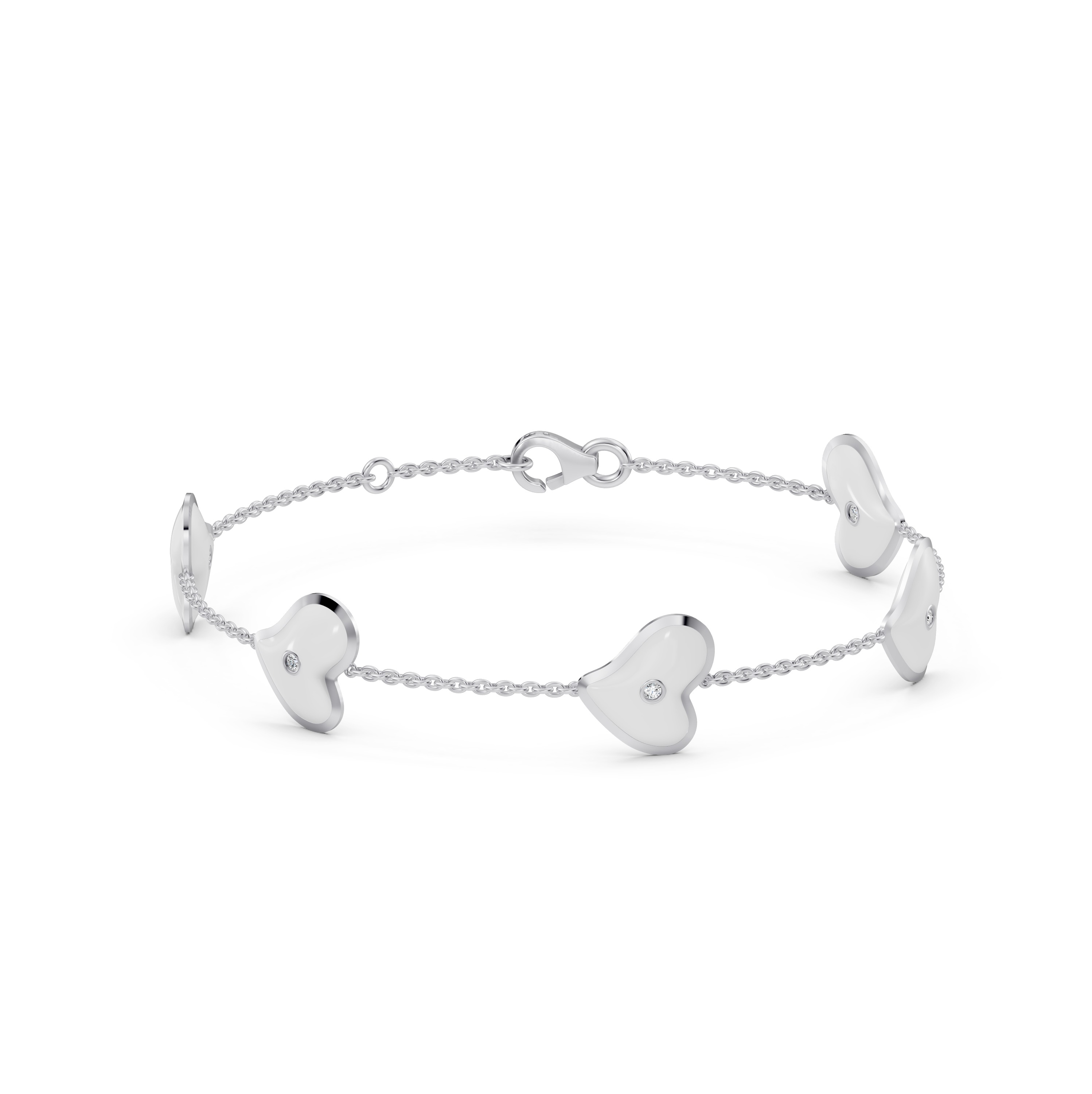 White Ceramic Heart Lab Diamond Station Bracelet