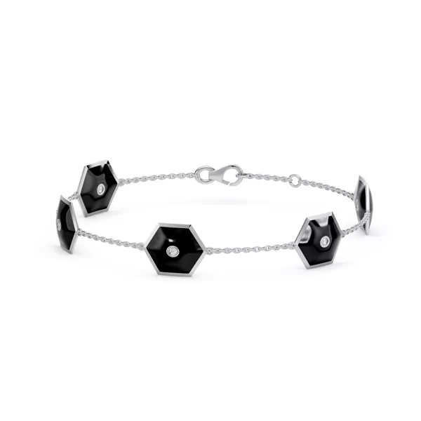 Black Ceramic Hexagon Lab Diamond Station Bracelet