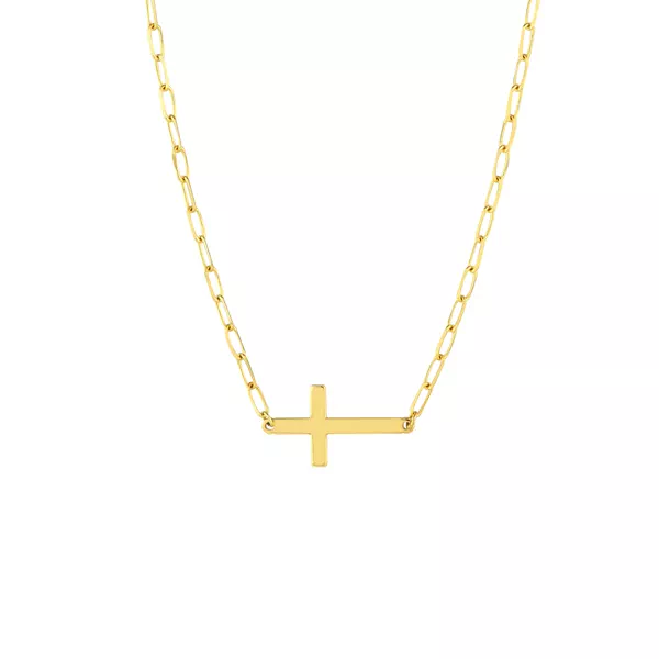 Sideways Cross Paper Clip Gold Necklace
