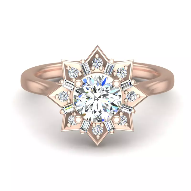 14K Rose Gold Journey Starburst Halo Engagement Ring
