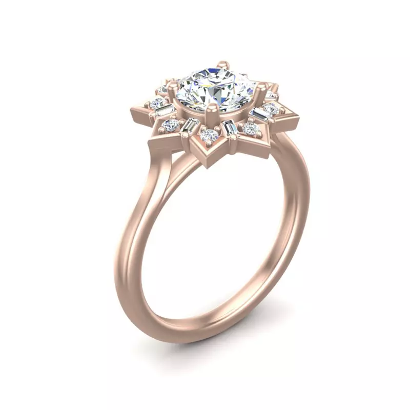 14K Rose Gold Journey Starburst Halo Engagement Ring