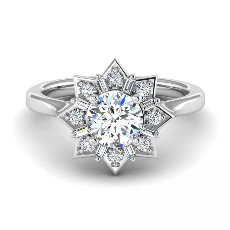 18K White Gold Journey Starburst Halo Engagement Ring