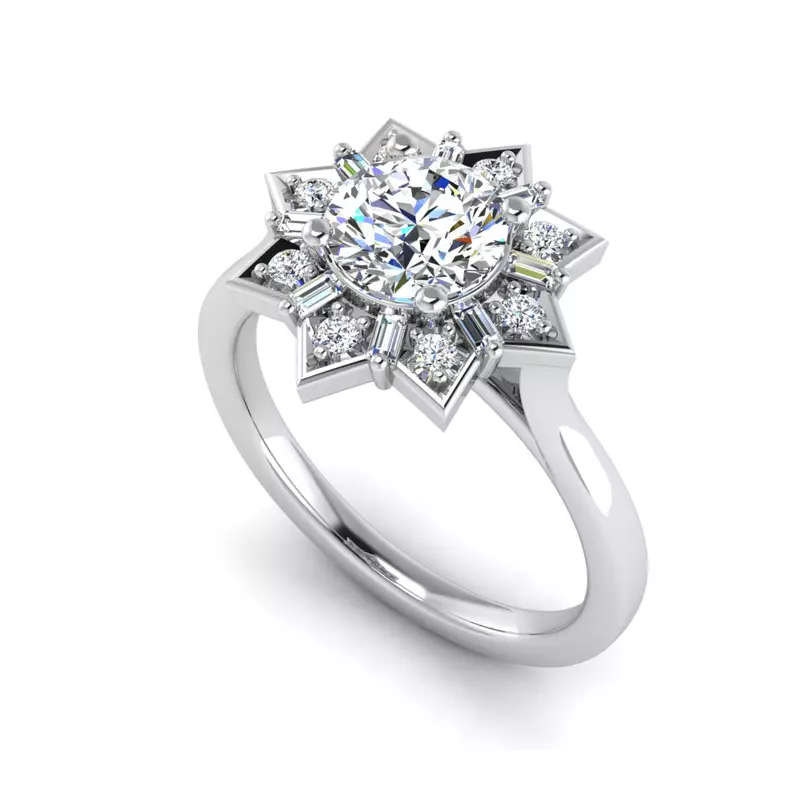 18K White Gold Journey Starburst Halo Engagement Ring