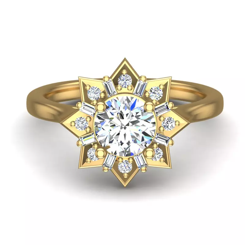 18K Yellow Gold Journey Starburst Halo Engagement Ring