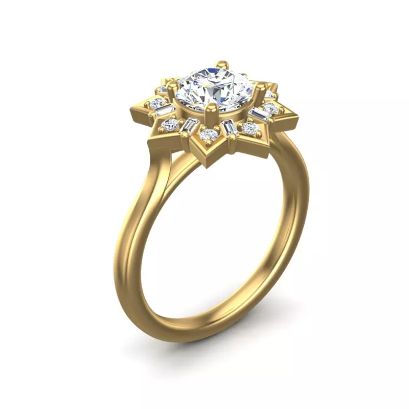18K Yellow Gold Journey Starburst Halo Engagement Ring