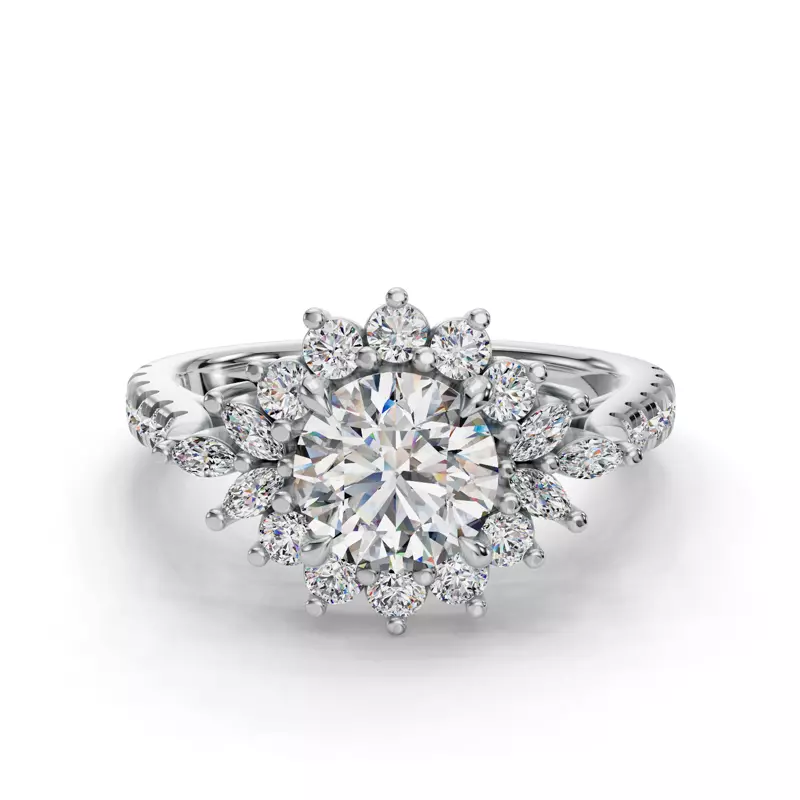 18K White Gold Michelle Round And Marquise Halo Engagement Ring