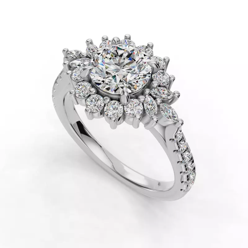 18K White Gold Michelle Round And Marquise Halo Engagement Ring