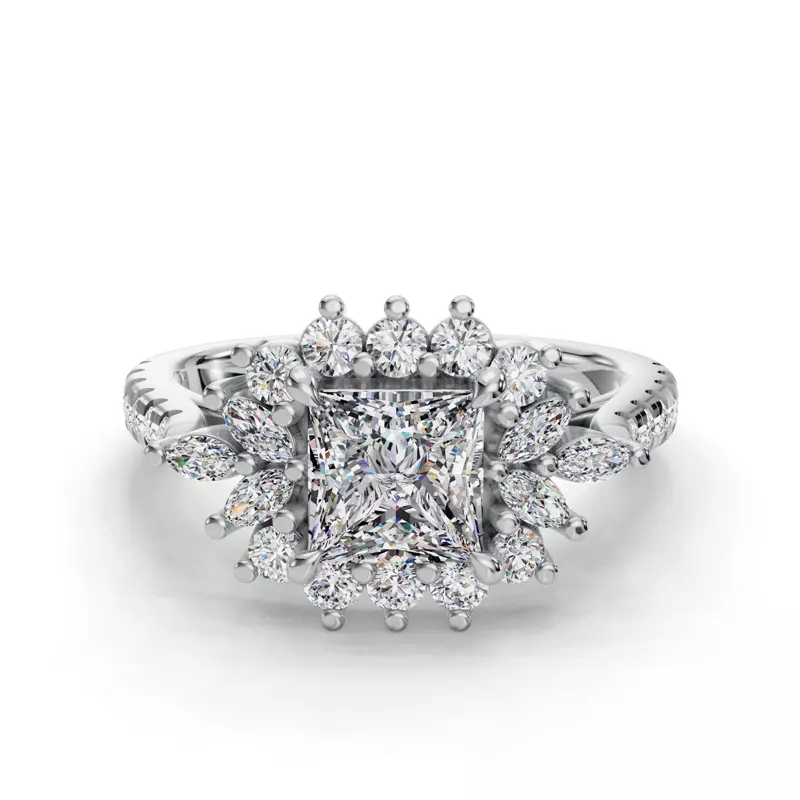 18K White Gold Michelle Round And Marquise Halo Engagement Ring