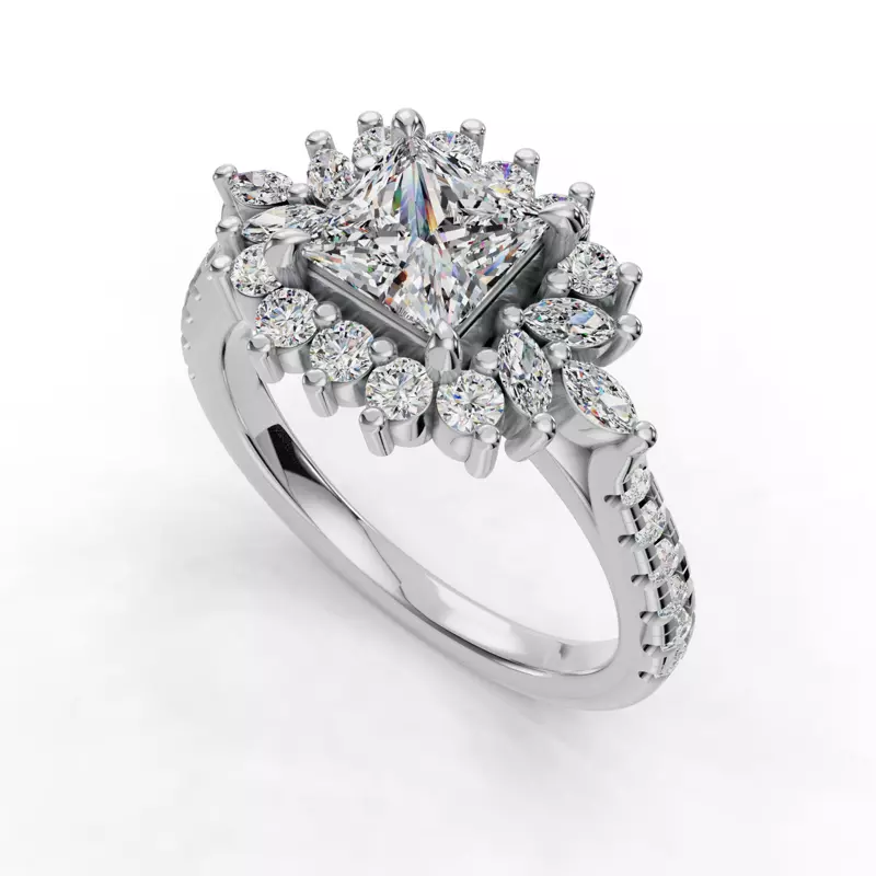 18K White Gold Michelle Round And Marquise Halo Engagement Ring