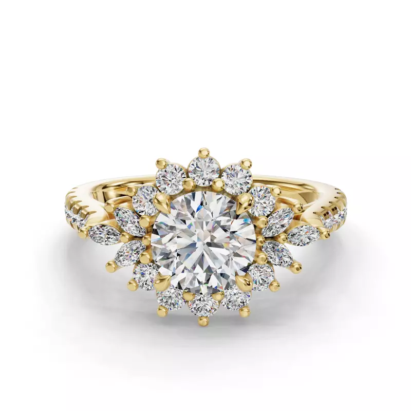 18K Yellow Gold Michelle Round And Marquise Halo Engagement Ring