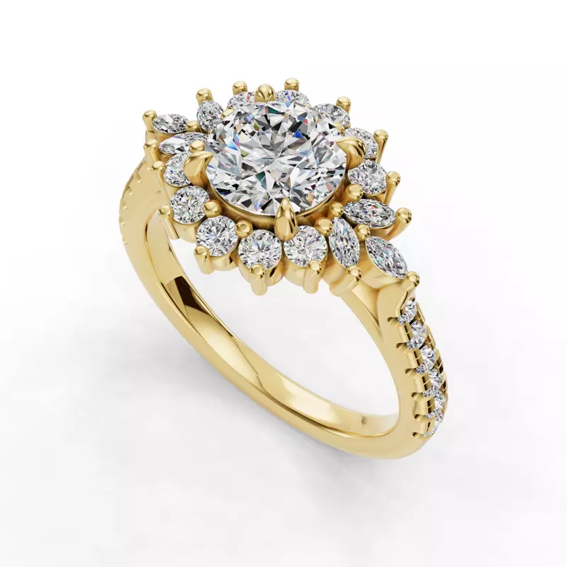 18K Yellow Gold Michelle Round And Marquise Halo Engagement Ring