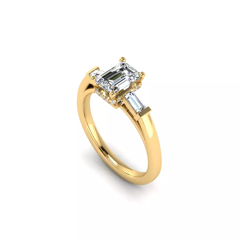 18K Yellow Gold Sylvie Three-Stone Baguette Hidden Halo Engagement Ring