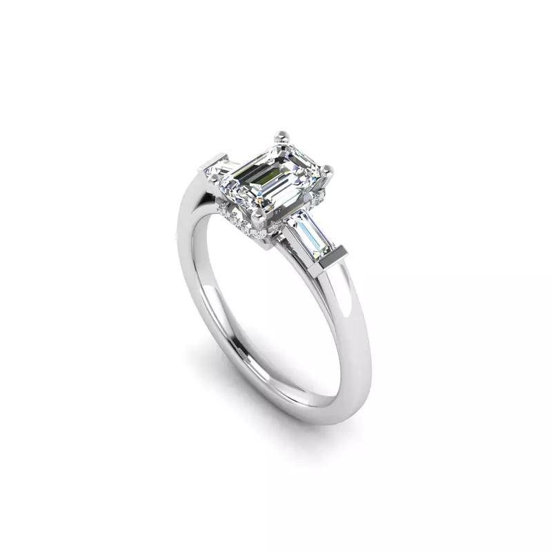 Platinum Sylvie Three-Stone Baguette Hidden Halo Engagement Ring