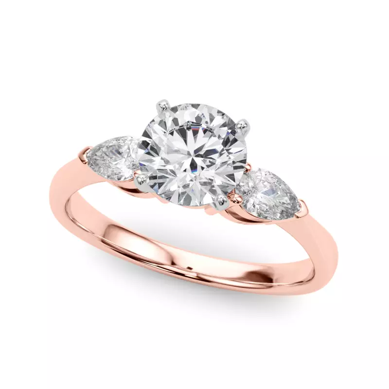 14K Rose Gold Oksana Three Stone Engagement Ring With Pear Shape Side Diamonds