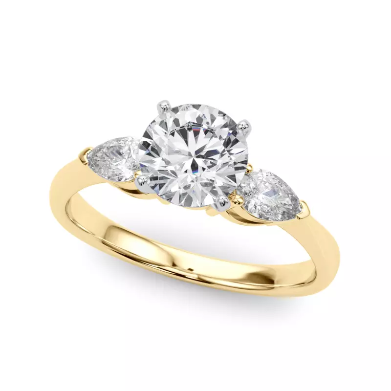 14K Yellow Gold Oksana Three Stone Engagement Ring With Pear Shape Side Diamonds