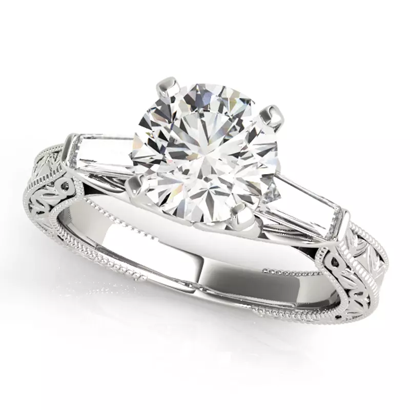 14K White Gold Vivi Vintage Inspired 3 Stone Baguette Diamond Engagement Ring