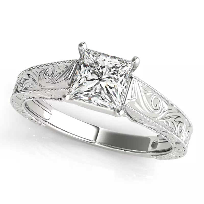 18K White Gold Sahara Princess Cut Engraved Solitaire Engagement Ring