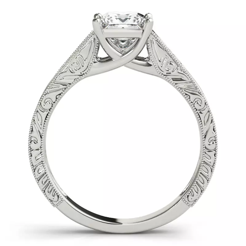 18K White Gold Sahara Princess Cut Engraved Solitaire Engagement Ring