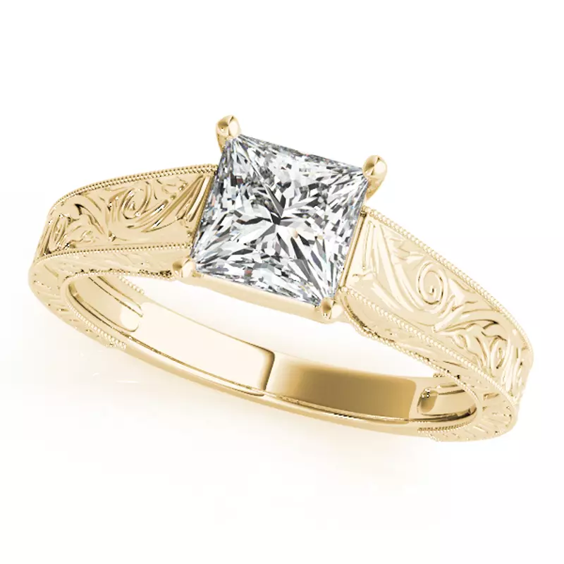 18K Yellow Gold Sahara Princess Cut Engraved Solitaire Engagement Ring