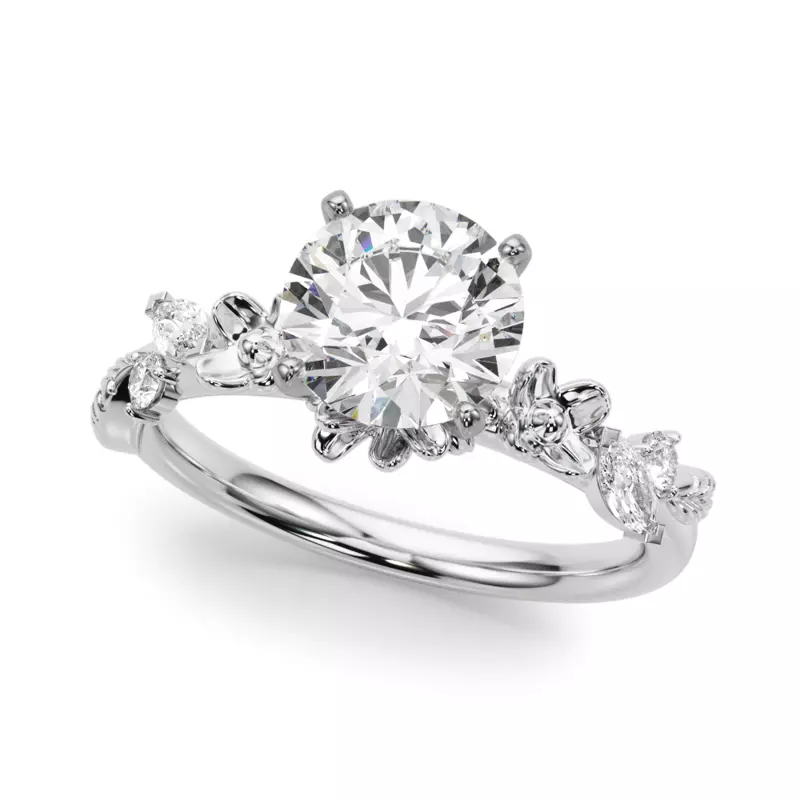 Almita Marquise And Round Diamond Engagement Ring - 14K White Gold