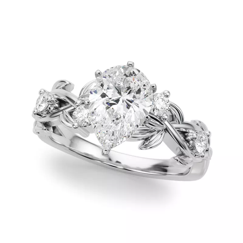 14K White Gold Flamenco Twisted Vine And Leaf Engagement Ring