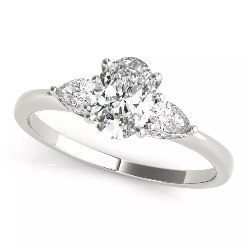 14K White Gold Kennedy Three Stone Ring With Pear Shape Side Diamonds
