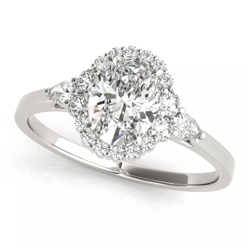 14K White Gold Isabell Halo Engagement Ring With Pear Shape Side Diamonds