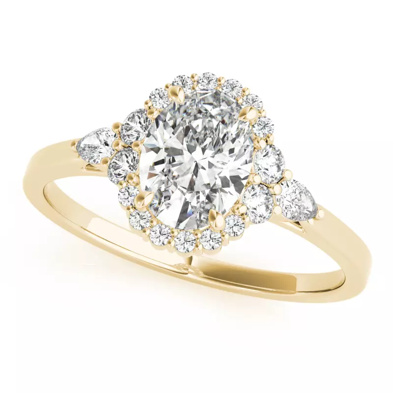 14K Yellow Gold Isabell Halo Engagement Ring With Pear Shape Side Diamonds