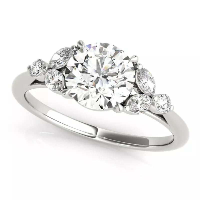 14K White Gold Olive Marquise And Round Diamond Cluster Engagement Ring