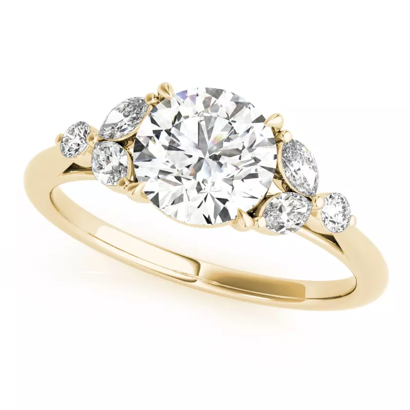 18K Yellow Gold Olive Marquise And Round Diamond Cluster Engagement Ring
