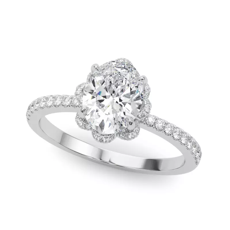 14K White Gold Mele Oval Diamond Pave Engagement Ring With Tulip Setting