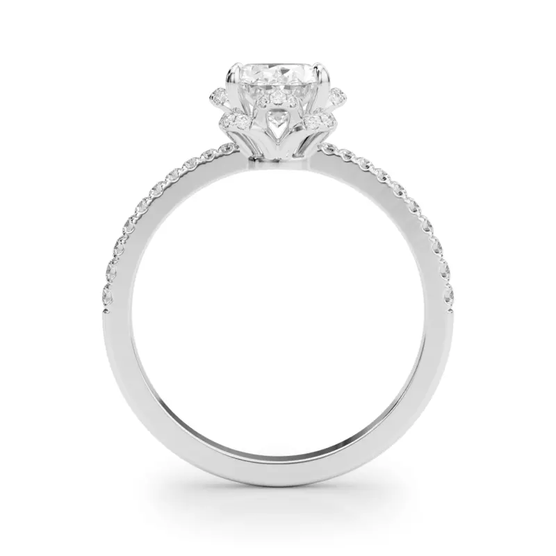 18K White Gold Mele Oval Diamond Pave Engagement Ring With Tulip Setting