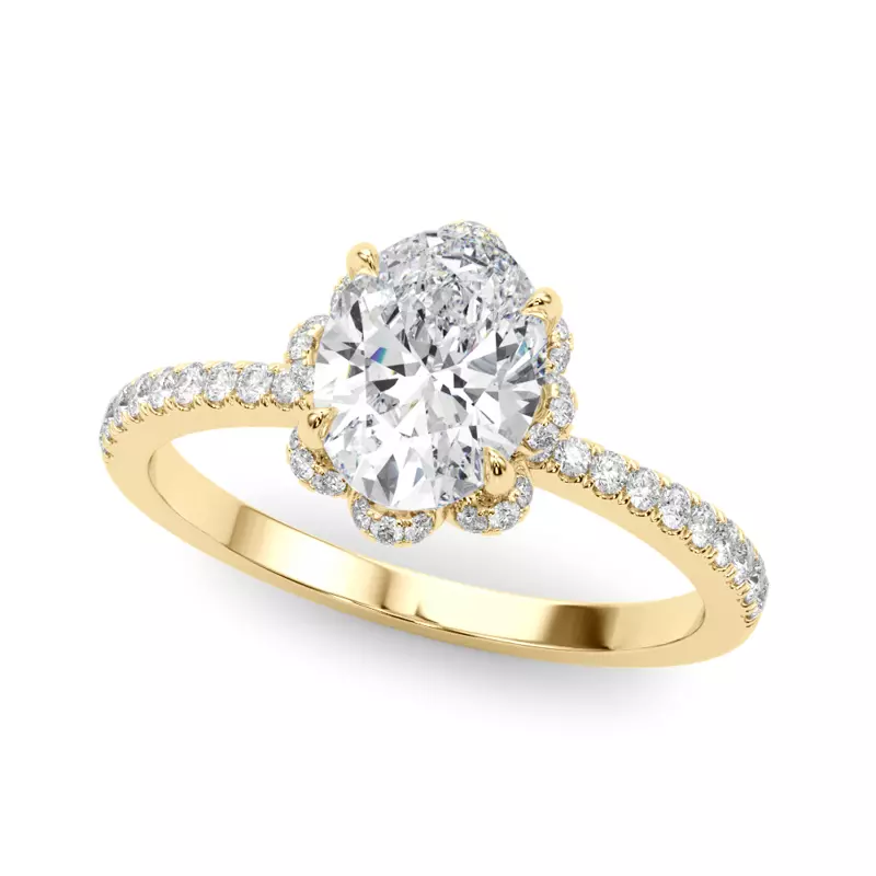 18K Yellow Gold Mele Oval Diamond Pave Engagement Ring With Tulip Setting