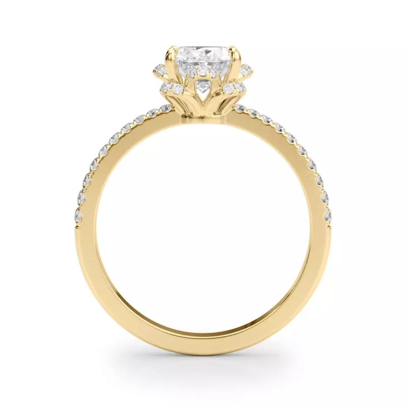 18K Yellow Gold Mele Oval Diamond Pave Engagement Ring With Tulip Setting