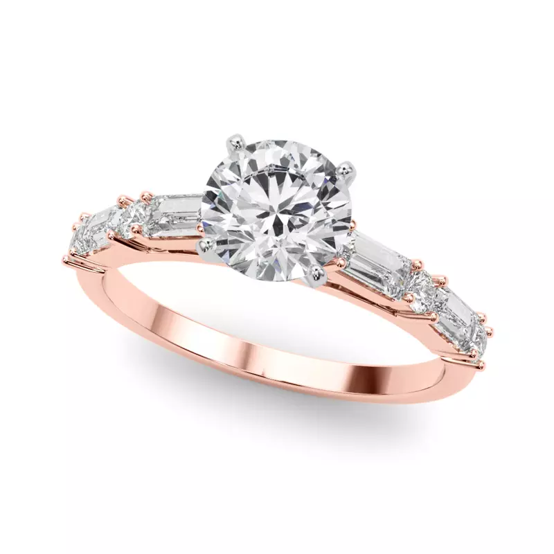 14K Rose Gold Amberine Baguette And Round Diamond Engagement Ring