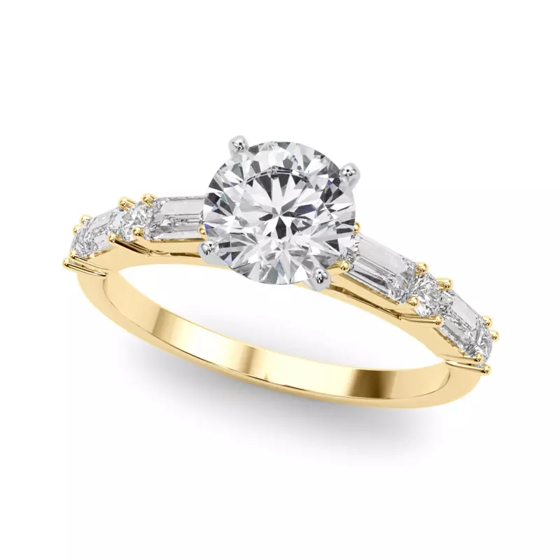 14K Yellow Gold Amberine Baguette And Round Diamond Engagement Ring
