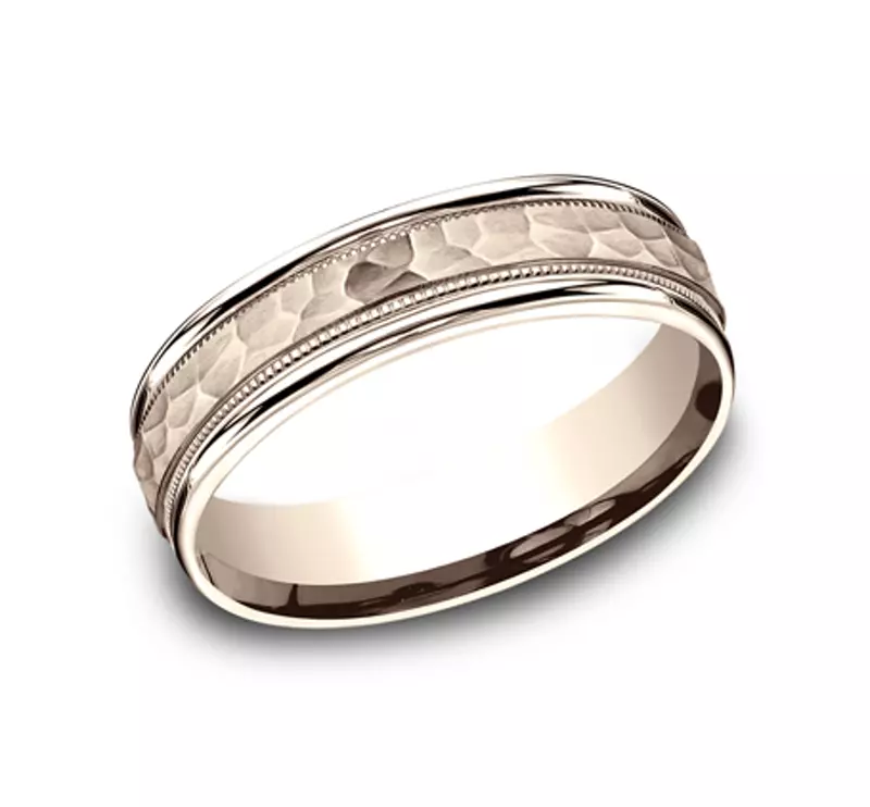 14K Rose Gold Hammered Center Drop Edge Milgrain Comfort-Fit Band (6mm)
