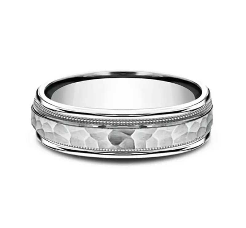 Platinum Hammered Center Drop Edge Milgrain Comfort-Fit Band (6mm)