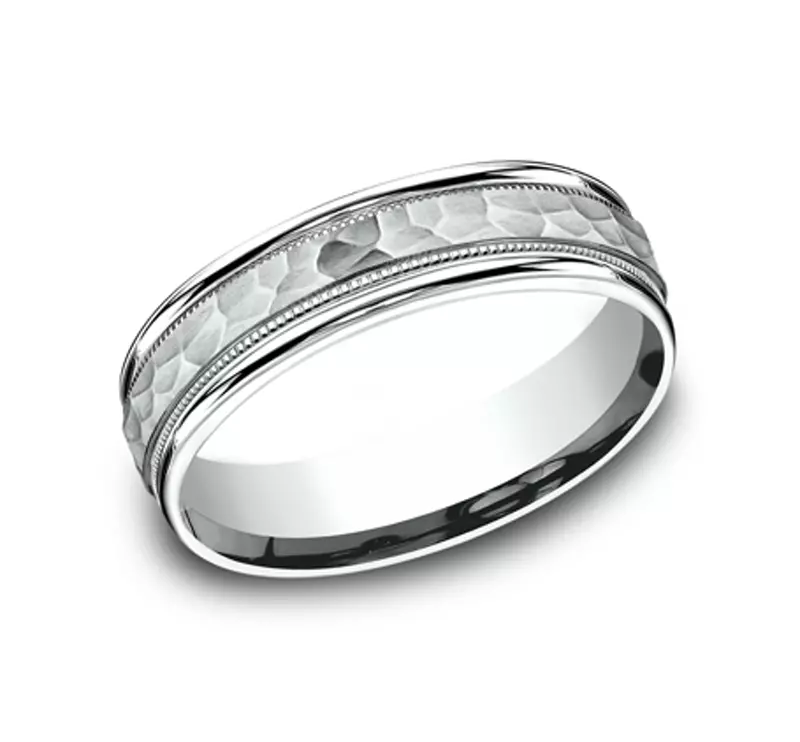 Platinum Hammered Center Drop Edge Milgrain Comfort-Fit Band (6mm)