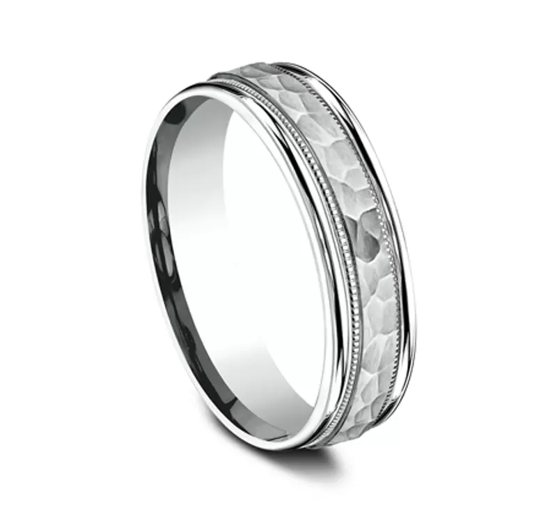 Platinum Hammered Center Drop Edge Milgrain Comfort-Fit Band (6mm)